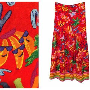 Maison d'Amelie Womens Size S Red Tropical Print Linen Rayon Pull On Midi Skirt